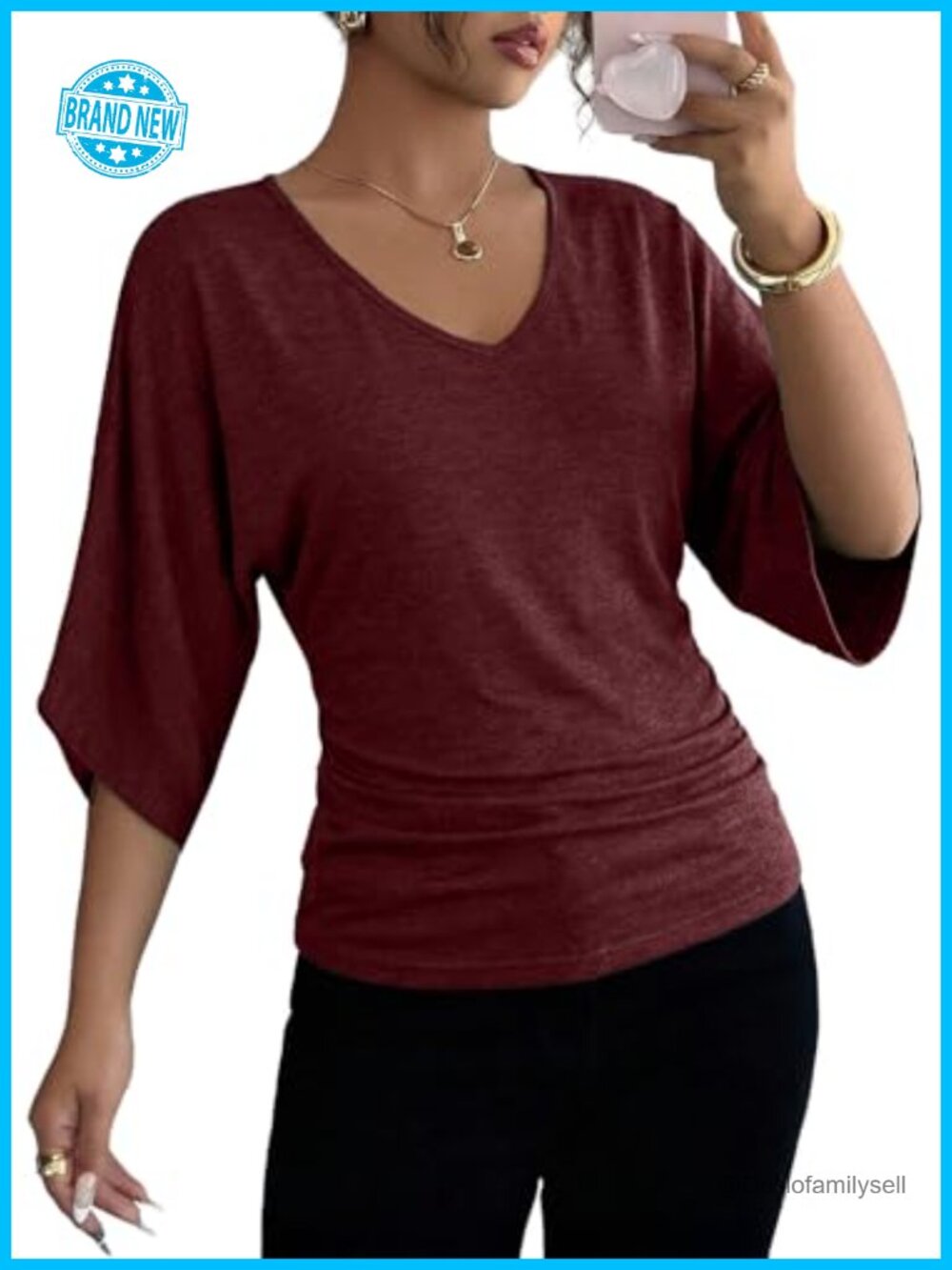 Womens V-Neck Batwing Sleeve Ruched T-Shirt Dressy Casual Top
